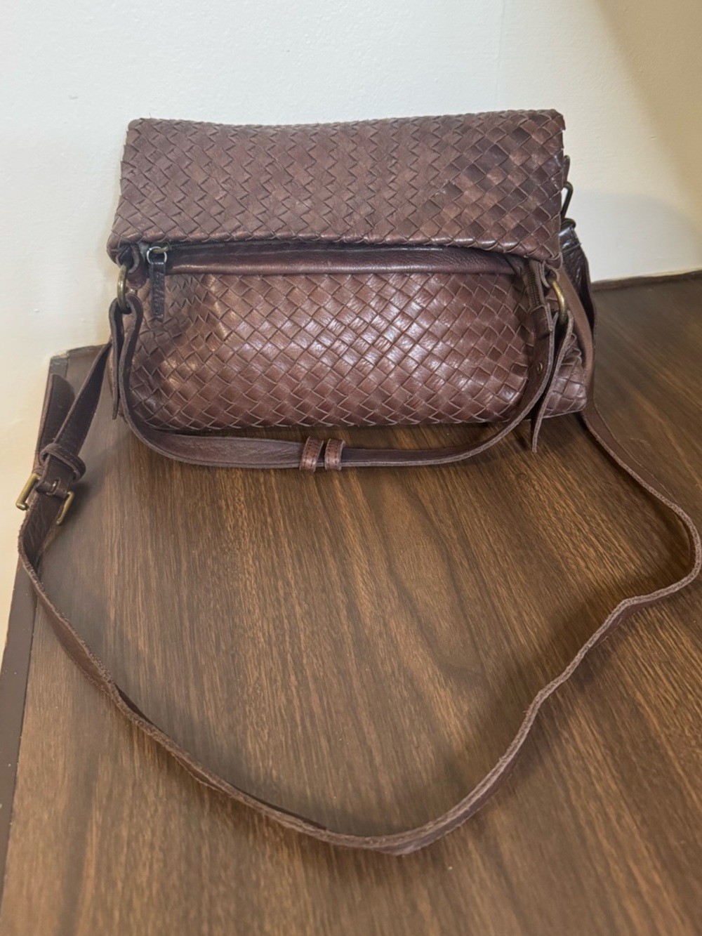 Margot New York woven leather foldover crossbody satchel purse brown